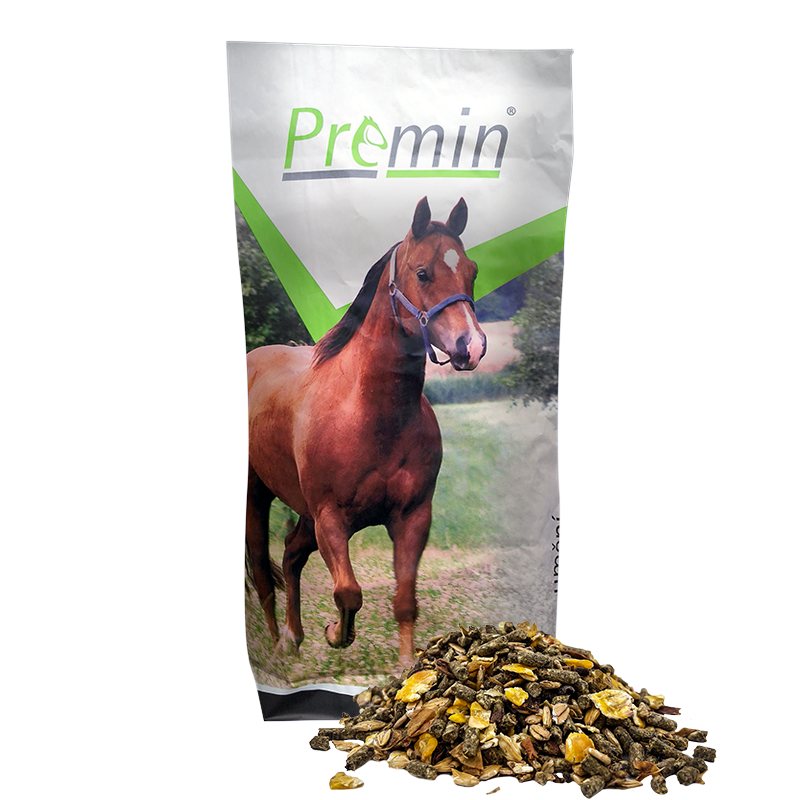 Premin® HORSE MÜSLI Apple and Carrot Doplňkové krmivo bez obsahu ovsa pro koně v různé pracovní a sportovní zátěži - Hmotnost: 20 kg